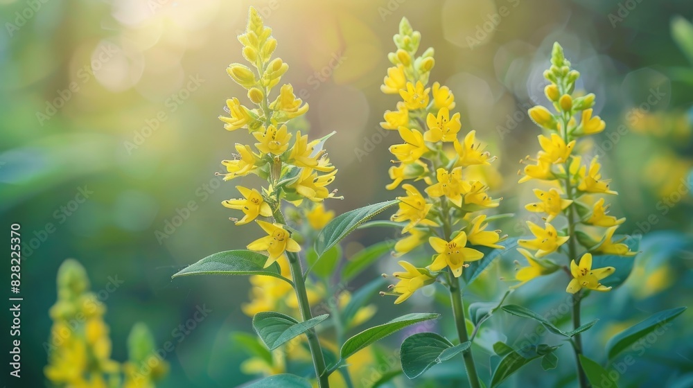Yellow Loosestrife Flowers Blooming on a Blurred Floral Background with Room for Text Lysimachia punctata