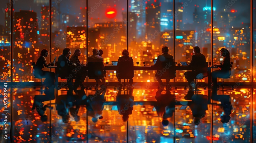 Obraz premium A corporate boardroom scene with executives discussing financial strategies against a backdrop of city skyline