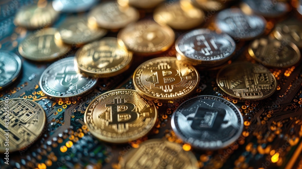 A digital wallet interface displaying various cryptocurrencies and their respective values, against a backdrop of digital code
A digital wallet interface displaying various cryptocurrencies and their respective values, against a backdrop of digital code
