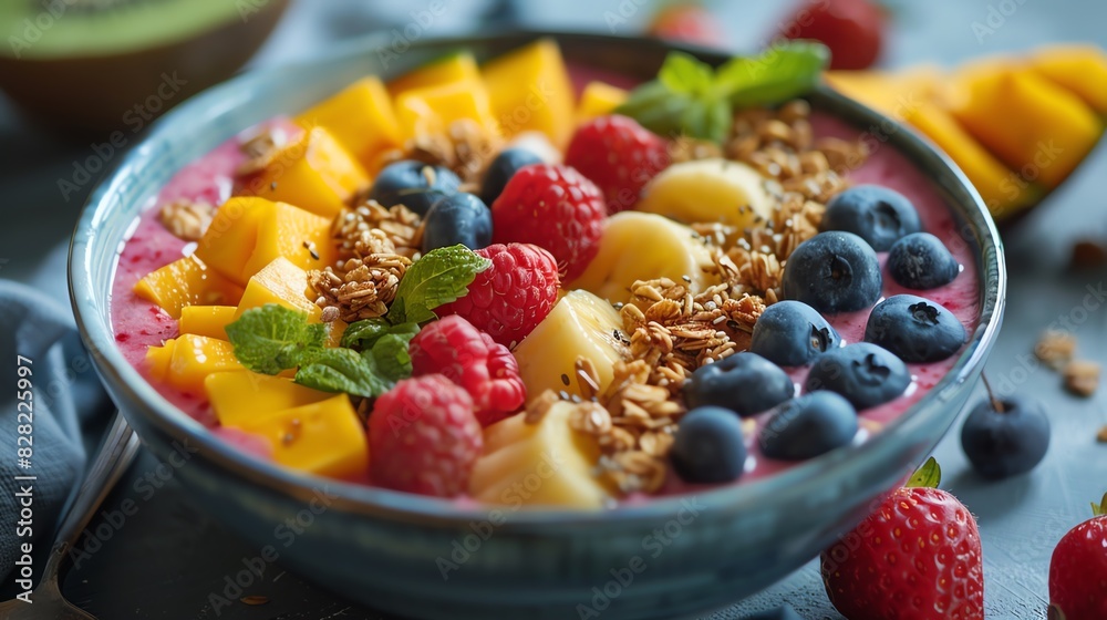 Healthy drinks, Close up of a colorful smoothie bowl with mango, banana, raspberries, blueberries, granola, and mint. Healthy drinks, Close up of a colorful smoothie bowl with mango, banana, raspberries, blueberries, granola, and mint.