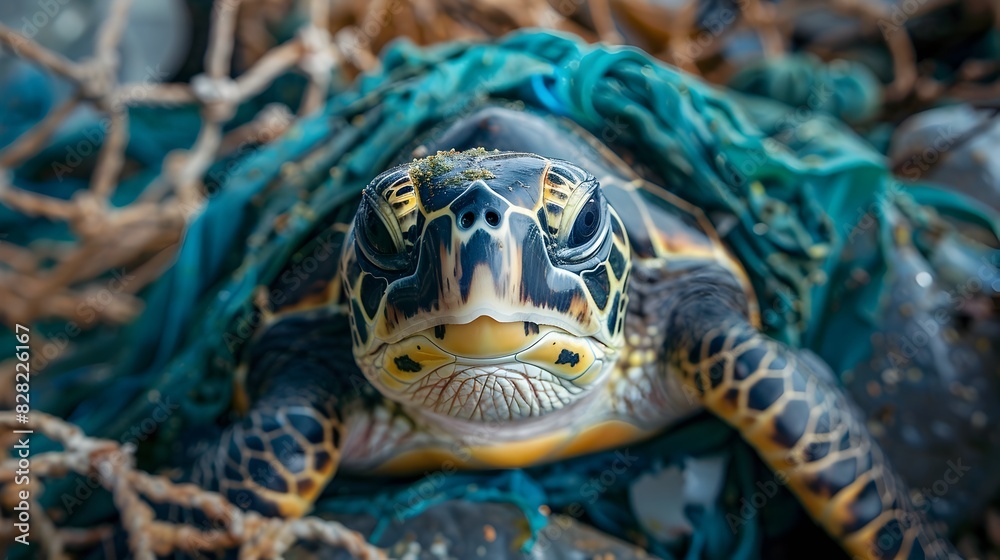 Obraz premium Turtle's Plea: A Life Entangled in Plastic Waste