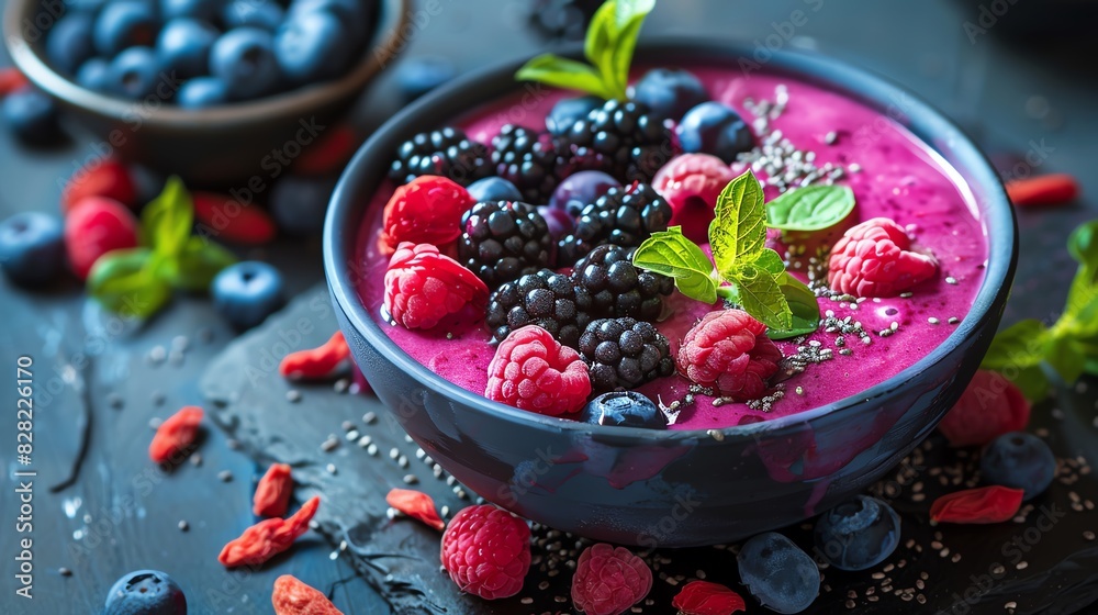 Healthy drinks, Closeup of a pink smoothie bowl topped with fresh berries and mint. Healthy drinks, Closeup of a pink smoothie bowl topped with fresh berries and mint.