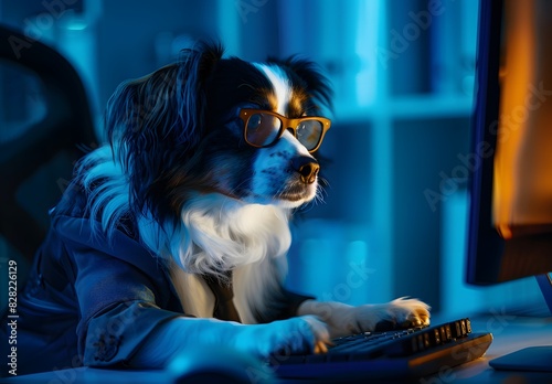 Dog dressed in business attire and glasses working on computer, office background photo