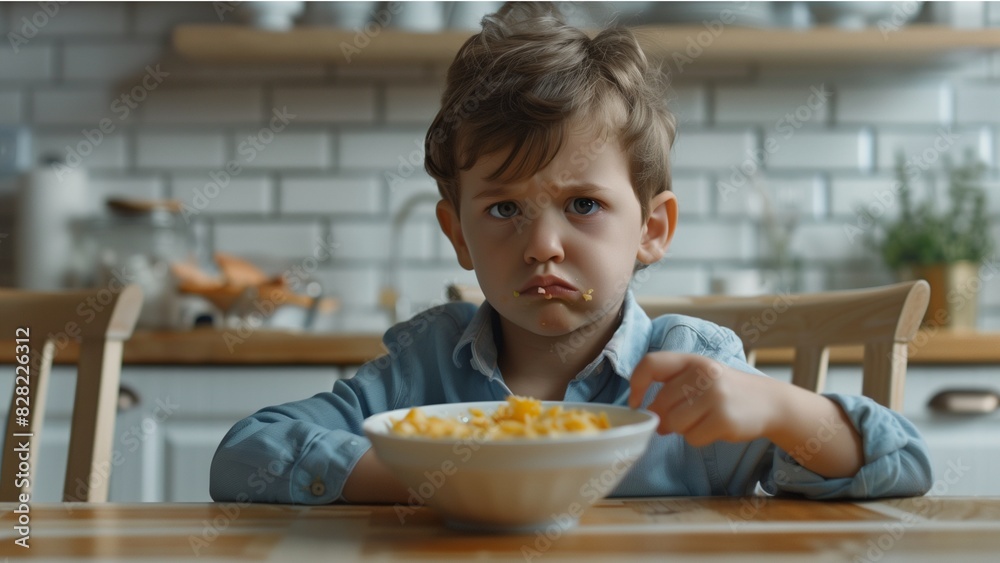 a young child with short hair, sitting at a wooden table, looking skeptically at a bowl of food in front of them a young child with short hair, sitting at a wooden table, looking skeptically at a bowl of food in front of them