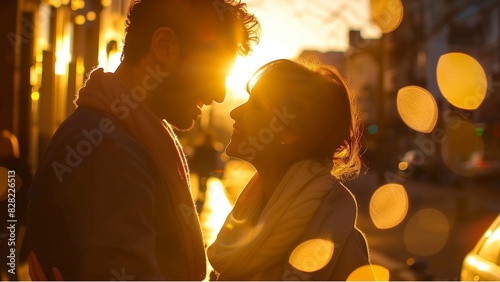 a panoramic shot of a couple sharing an intimate moment on a sunlit street