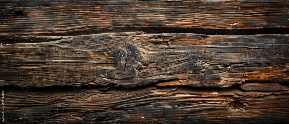 Naklejka premium cracked close-up solid dark brown wooden plank texture background