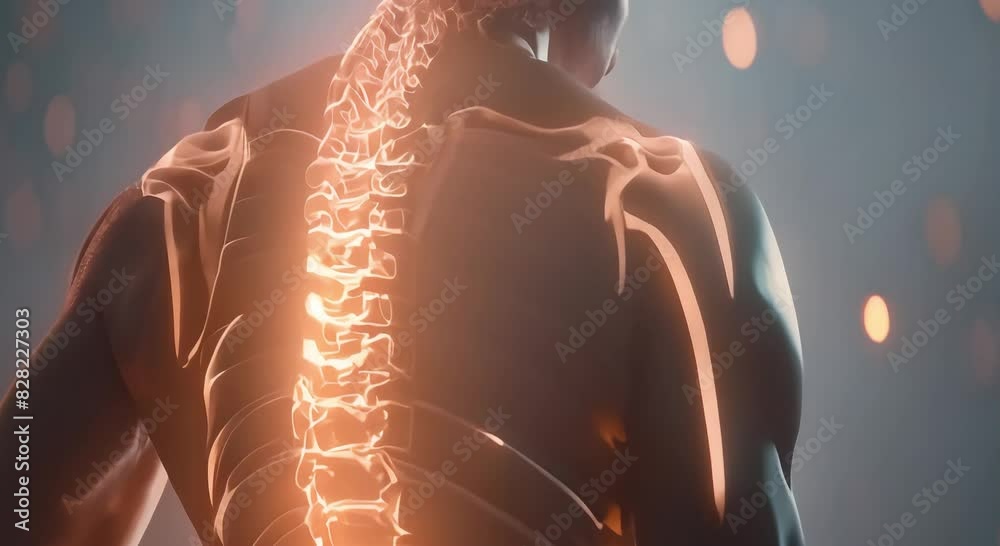 Visualization of spine health. Man having back pain with glowing spine image