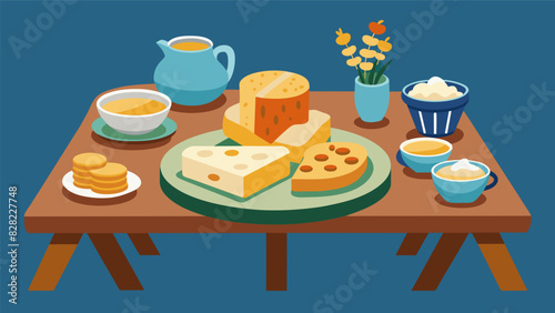 A rustic farmhouse table adorned with an assortment of crusty bread slices and an array of different cheese spreads for a leisurely feast.. Vector illustration