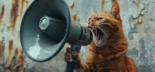 Orange cat holding up megaphone and screaming, funny pet concept photo
