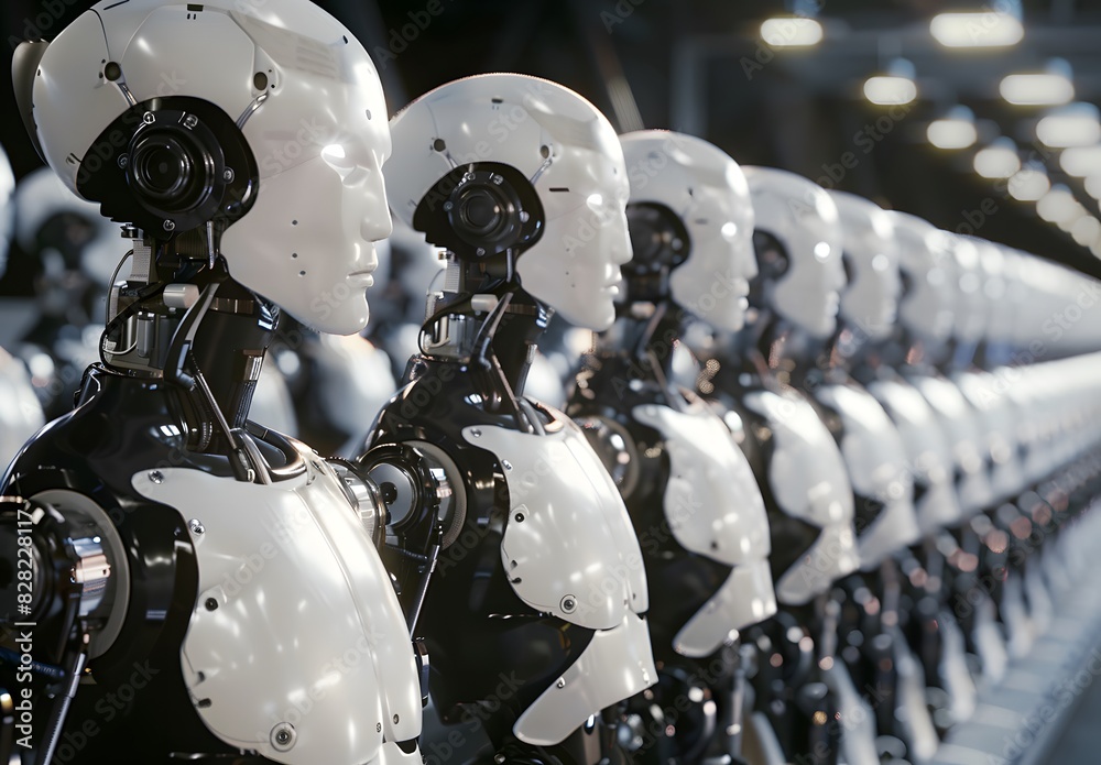 Fototapeta premium Group of white humanoid robots with mechanical heads in the factory, arranged neatly
