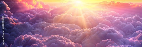 3D rendering of colorful clouds with sun rays in the sk photo