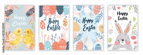 Easter Card Set with Hand-Drawn Cute Flyers and Postcards Featuring 