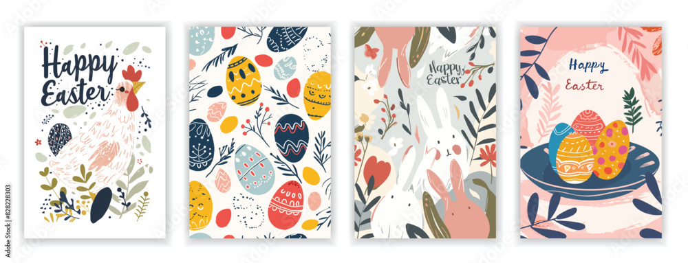 Fototapeta premium Easter Card Set with Hand-Drawn Cute Flyers and Postcards Featuring 