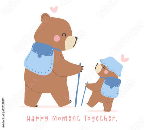 Fathers day bear happy dad and baby do hiking together Heartwarming Cartoon Illustration