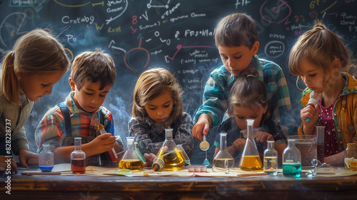 science class, children doing chemical experiment in the classroom with friends, multi ethnic child