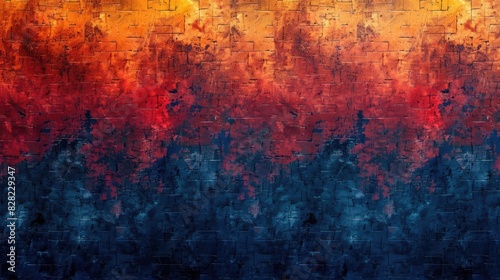 Red and Blue Gradient Brick Wall, Textured Color Transition, vibrant, bold, ideal for urban art themes