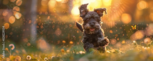 Puppy running joyfully through field at sunny backlight. banner © Milan