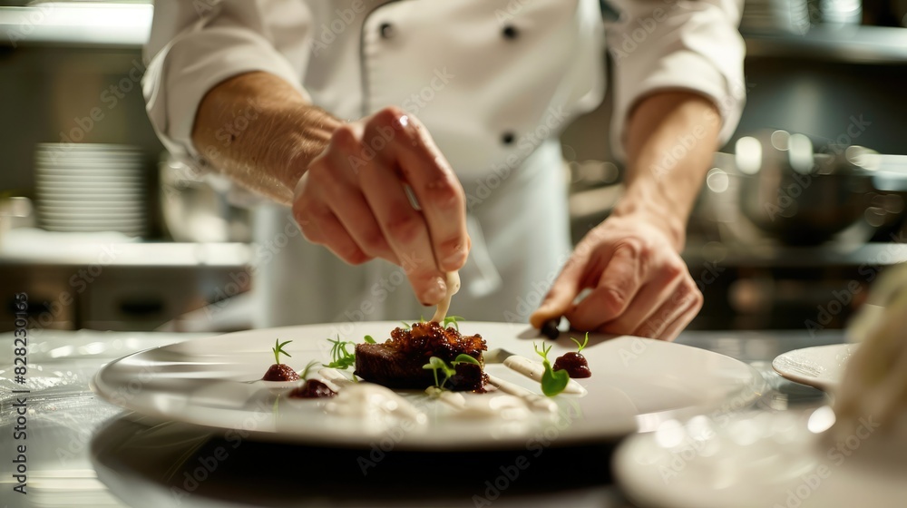 A chef is finishing the preparation of the plate 
