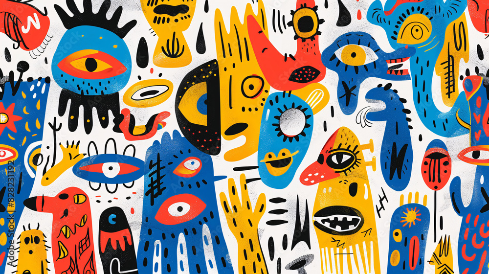 Bright and colorful abstract illustration of various hand-drawn characters on a white background Bright and colorful abstract illustration of various hand-drawn characters on a white background