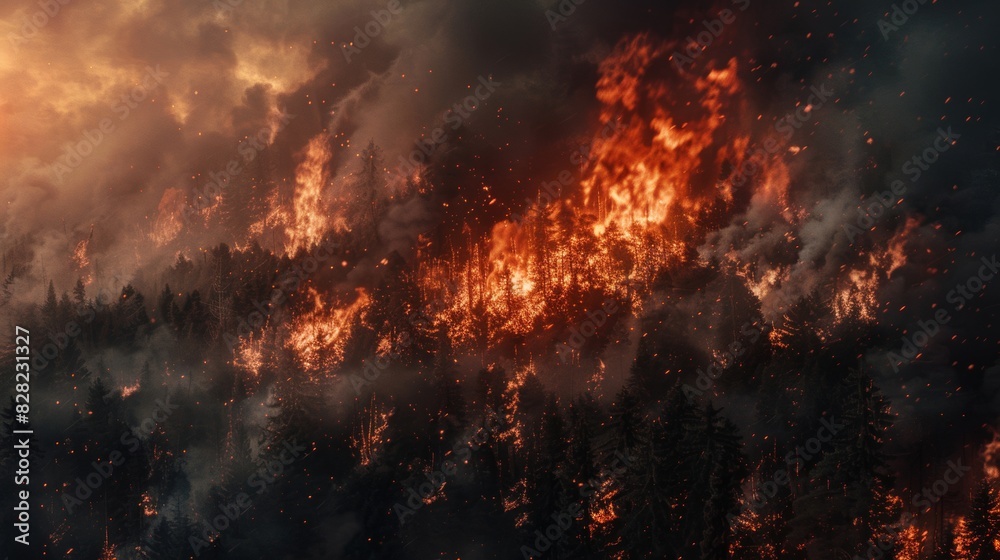 Destruction of huge forest fires which destroys the vast expanse of trees The forest fire showed raging flames and thick smoke rising high into the sky. Destruction of huge forest fires which destroys the vast expanse of trees The forest fire showed raging flames and thick smoke rising high into the sky.