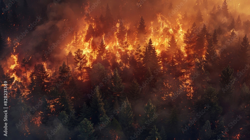 Destruction of huge forest fires which destroys the vast expanse of trees The forest fire showed raging flames and thick smoke rising high into the sky. Destruction of huge forest fires which destroys the vast expanse of trees The forest fire showed raging flames and thick smoke rising high into the sky.