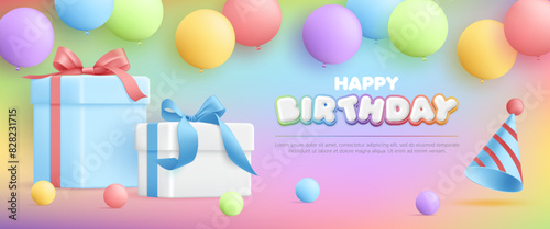 3D Happy birthday greeting card with gift box and colorful balloon on rainbow background, baby birthday anniversary party event, kid sale banner, flyer, advertising, social media, wallpaper, website