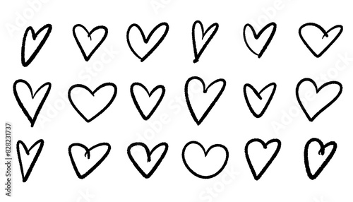 Set of cute doodle style drawn hearts isolated on white background. Line style design elements.