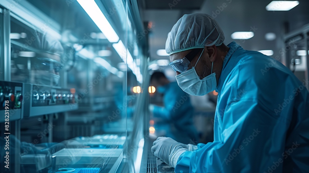 A male technician inspecting a piece of equipment in a cleanroom A male technician inspecting a piece of equipment in a cleanroom