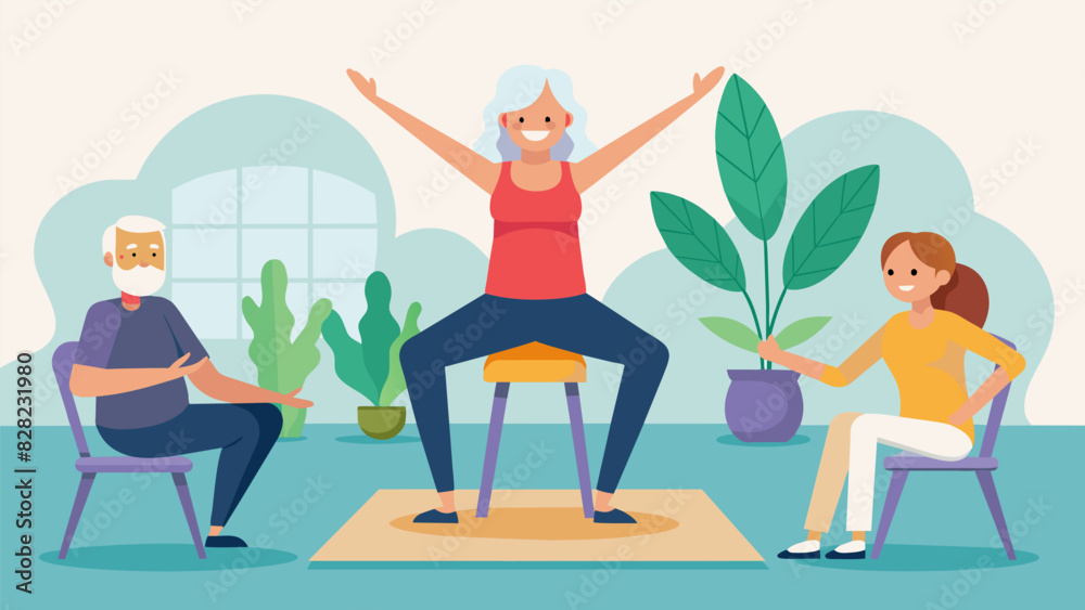 A dedicated yoga instructor leads a group of seniors through a combination of chair and matbased yoga poses catering to a range of abilities and providing a rejuvenating experience. Vector A dedicated yoga instructor leads a group of seniors through a combination of chair and matbased yoga poses catering to a range of abilities and providing a rejuvenating experience. Vector