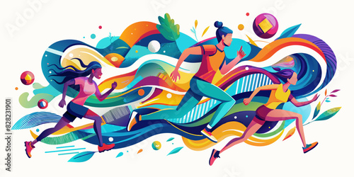 Vibrant runners with abstract shapes, June 5. Global Running Day concept.