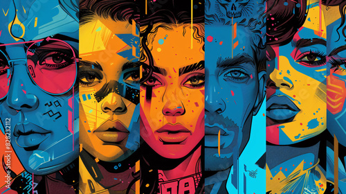 Wallpaper Mural Cartoon-style collage of male and female characters in a vibrant color scheme Torontodigital.ca