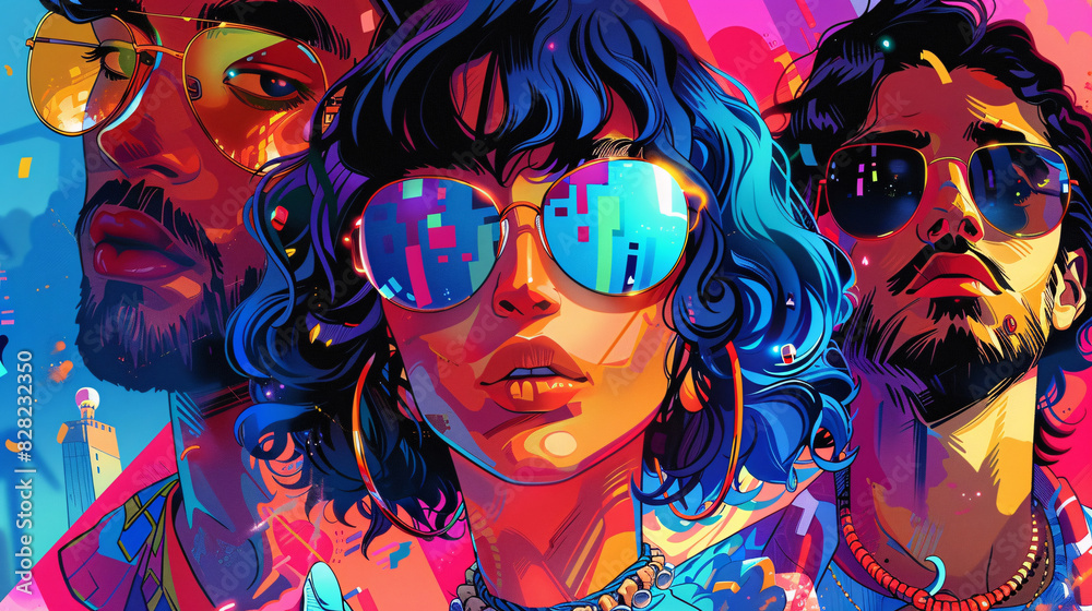 Cartoon-style collage of male and female characters in a vibrant color scheme Cartoon-style collage of male and female characters in a vibrant color scheme