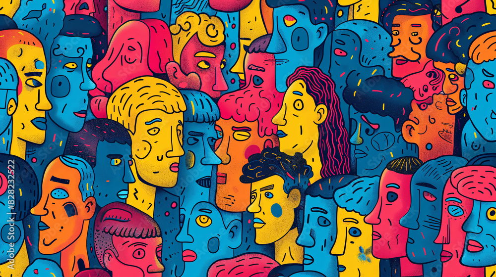 Cartoon-style wallpaper with a pattern of colorful human faces and doodles Cartoon-style wallpaper with a pattern of colorful human faces and doodles