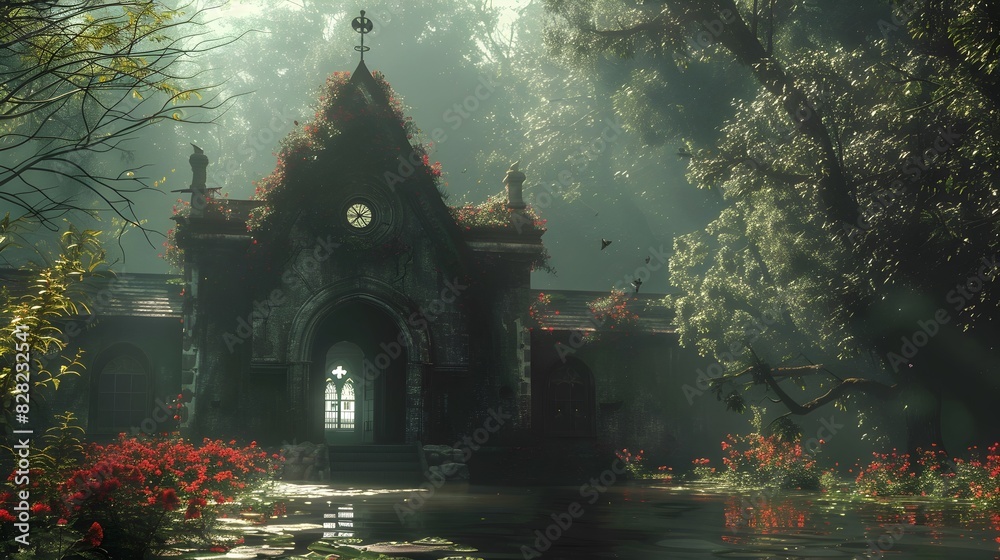 Fototapeta premium Enchanting Abandoned Gothic Castle Shrouded in Misty Forest Landscape