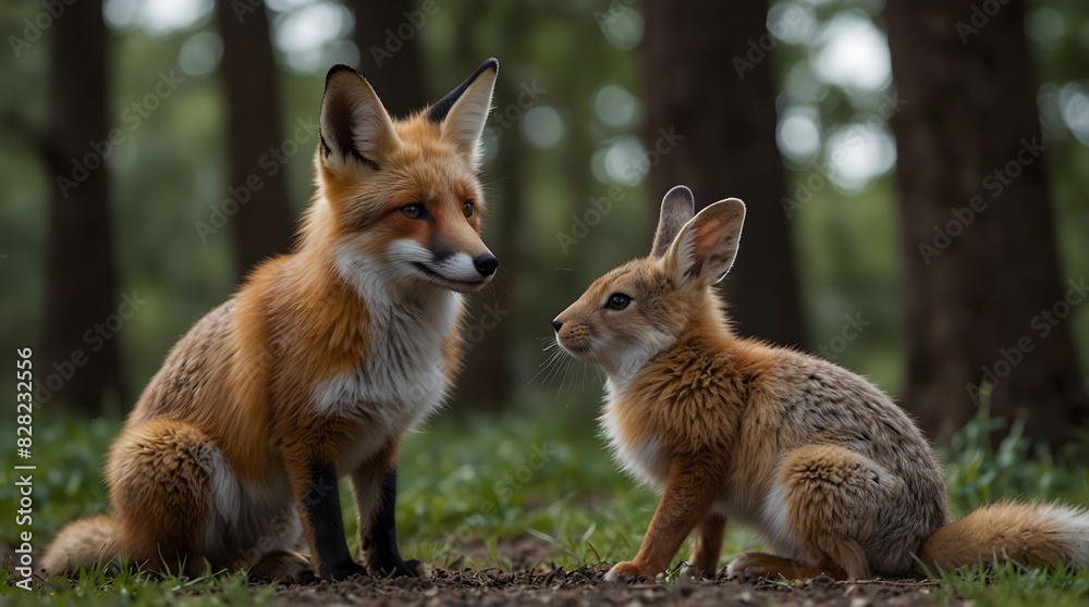 Obraz premium The friendship between an unlikely duo a fox and a rabbit ai_generated