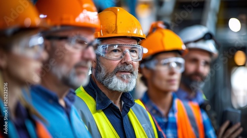 A group of engineers wearing hard hats and safety vests, discussing plans at a construction site © frank29052515