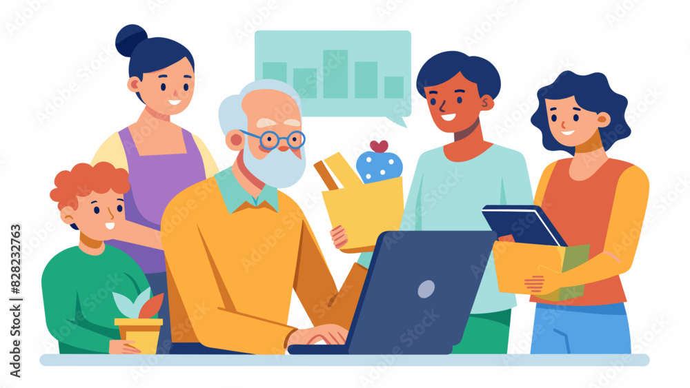 An instructor patiently guiding a group of seniors through the process of setting up an online shopping account so they can order groceries and other necessities from the comfort. Vector illustration An instructor patiently guiding a group of seniors through the process of setting up an online shopping account so they can order groceries and other necessities from the comfort. Vector illustration