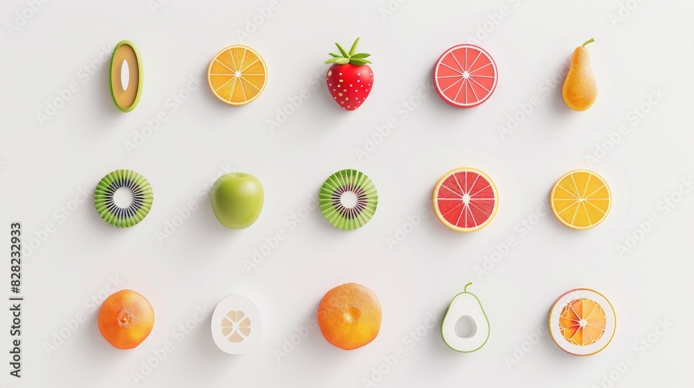 A collection of 12 minimalist fruit icons featuring popular fruits like oranges, strawberries, and kiwis, elegantly displayed on a white background A collection of 12 minimalist fruit icons featuring popular fruits like oranges, strawberries, and kiwis, elegantly displayed on a white background
