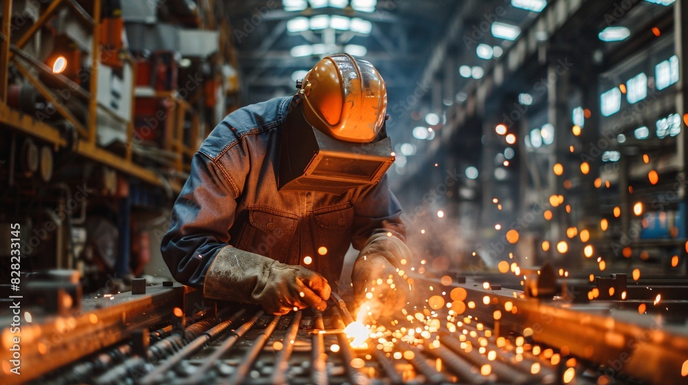 An industrial worker welding metal components in a factory