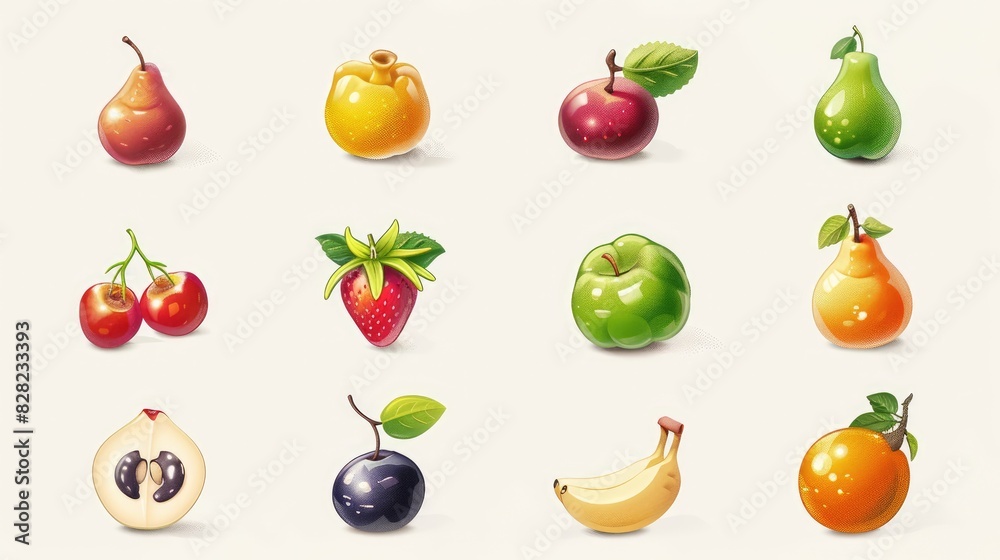 A collection of 12 rustic fruit icons, including traditional and exotic fruits, each crafted with a vintage touch on a white background