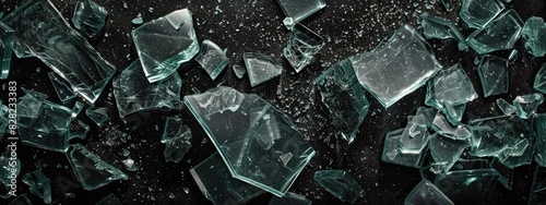 Shattered Glass Fragments on Dark Surface - Abstract Background of Broken Transparent Material