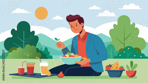 An office worker packs a nutritious and satisfying lunch taking a break from their desk to eat in a peaceful spot outside. They focus on the flavors and textures of their homemade. Vector illustration