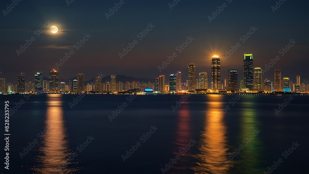the view of the sparkling city at night seen from the sea in summer the view of the sparkling city at night seen from the sea in summer
