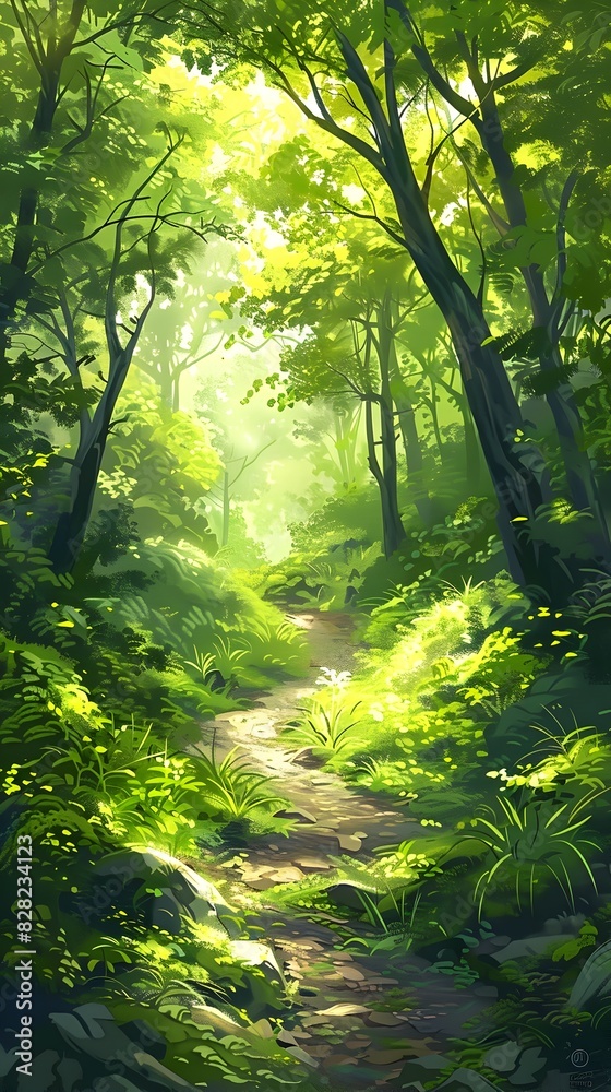 Fototapeta premium Tranquil Nature Trail Winding Through Lush Verdant Forest with Dappled Sunlight