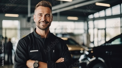 smiling caucasian car dealership technician in uniform looking at camera against background of cars in service center