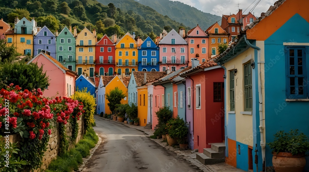 Fototapeta premium A quaint village street lined with charming houses painted in every hue of the rainbow ai_generated