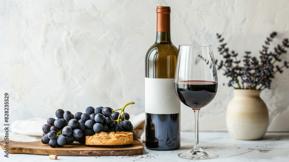 Obraz premium A Bottle Of Red Wine, A Glass Of Red Wine, And A Bunch Of Grapes On A Wooden Table.