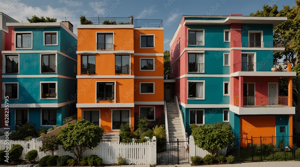 Fototapeta premium A story about a neighborhood where each house reflects the personality of its owner through bold and eclectic color choices ai_generated