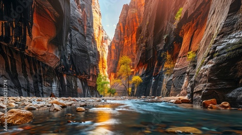 The Virgin River Flows Through A Canyon In Zion National Park, Utah. photo