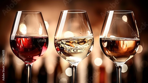 Three Glasses Of Wine In Different Colors And Levels Of Fullness On A Blurred Background With A Warm, Inviting Atmosphere.